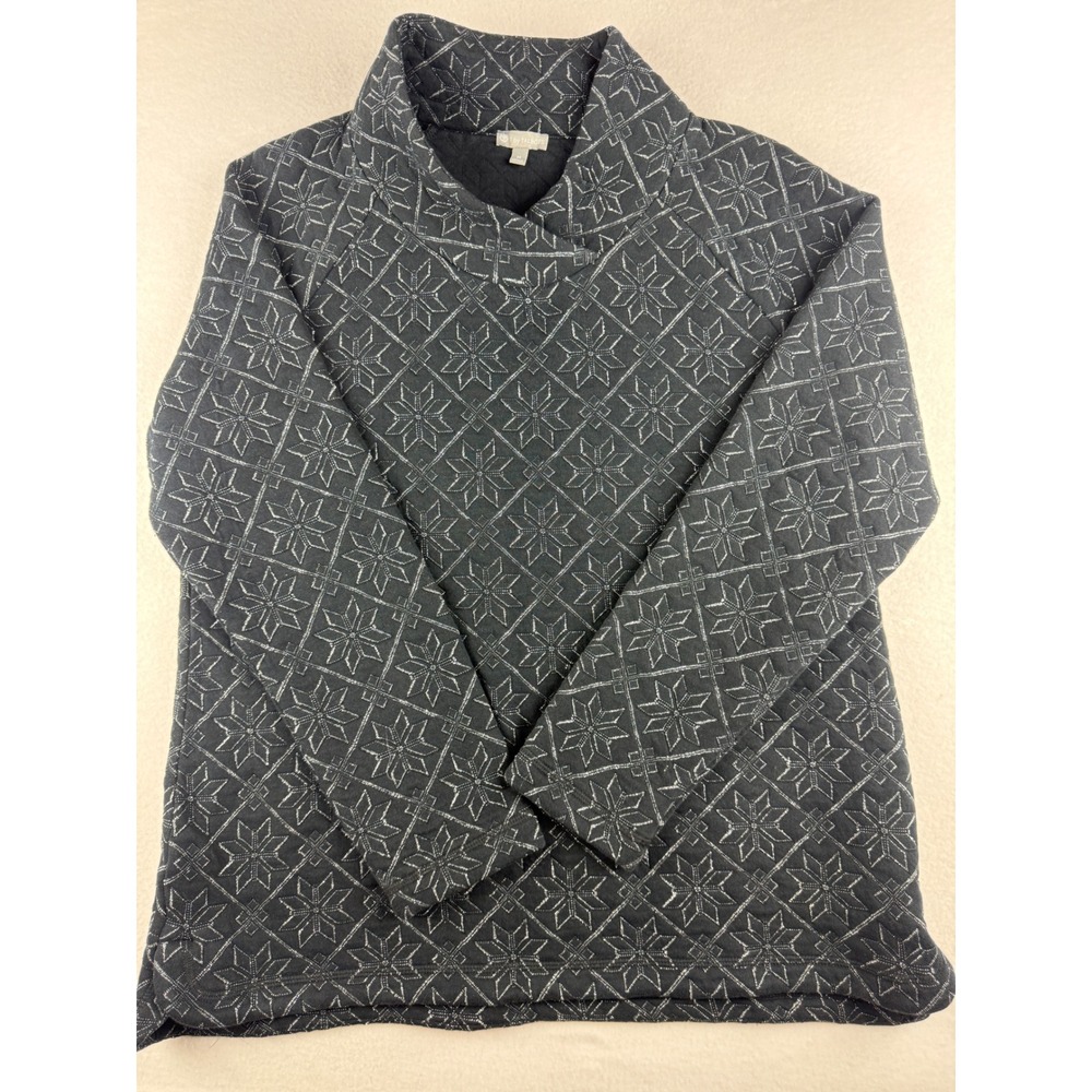 T by Talbots Womens Grey Metallic Snowflake Quilted Mock Neck Pullover M VN5092